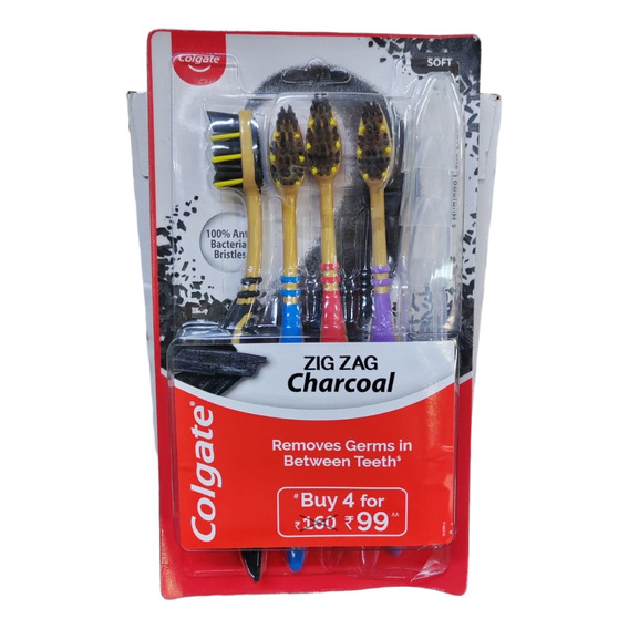 Pack X4 Cepillo Colgate Zig Zag Charcoal 100% Anti Bacterial