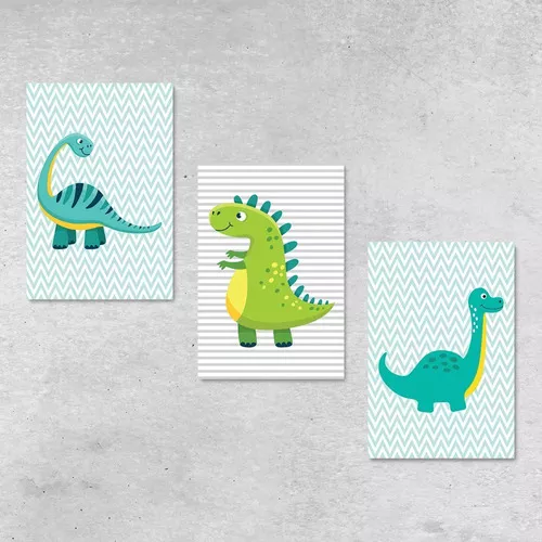 kit 5 Quadros Infantil Desenhos Coloridos de Dinossauros