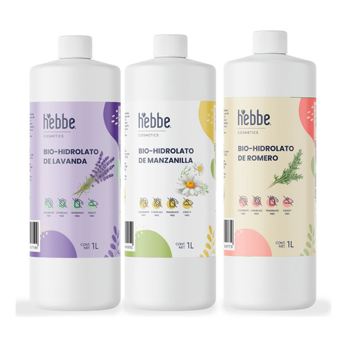 Hebbe Cosmetics kit 1L c/u hidrolatos de manzanilla, lavanda y rosas