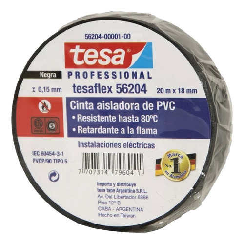 Cinta Aisladora Pvc Tesa Tape 18mm X 20m Color Negro Liso