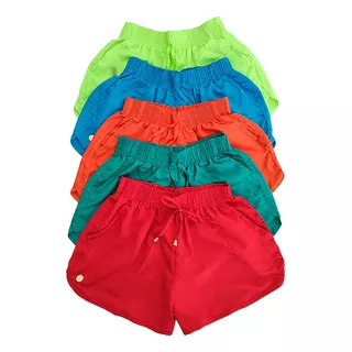 Kit 6 Shorts Tactel Feminino Liso Moda Verão Praia 2 Bolsos
