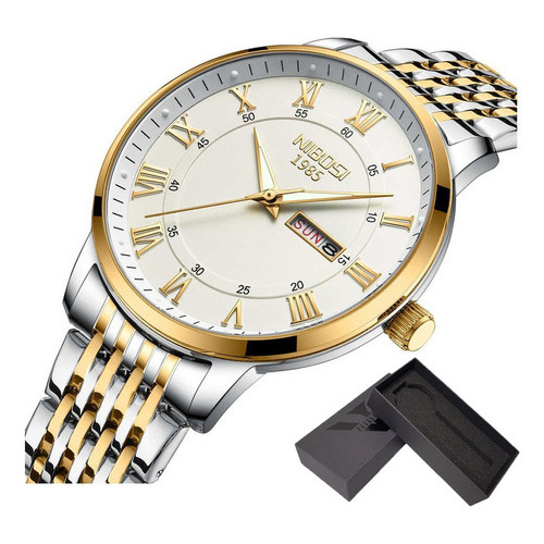 Reloj Luminoso Nibosi Con Doble Calendario Y Números Romanos Color Del Bisel Silver Gold White