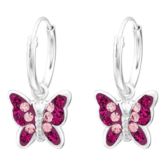 Argollas Con Colgante Mariposa Fucsia Para Niña Mujer 