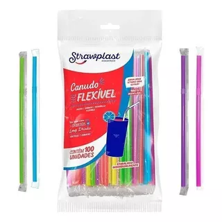 500 Canudo Colorido Flexível Strawplast Para Drinks