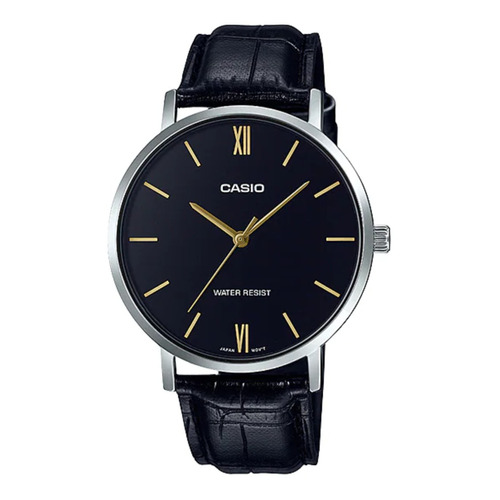 Reloj pulsera Casio Dress MTP-VT01 de cuerpo color plateado, analógico, para hombre, fondo negro, con correa de cuero color negro, agujas color dorado, dial dorado, bisel color plateado y hebilla simple