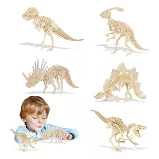 6 Rompecabezas Dinosaurios 3d Madera Para Niños,corte Láser