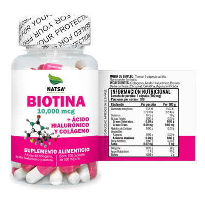 Biotina 10,000 Mcg Con Acido Hialuronico Y Colageno 100 Caps, Fortalece Y Crece Cabello, Piel Y Uñas