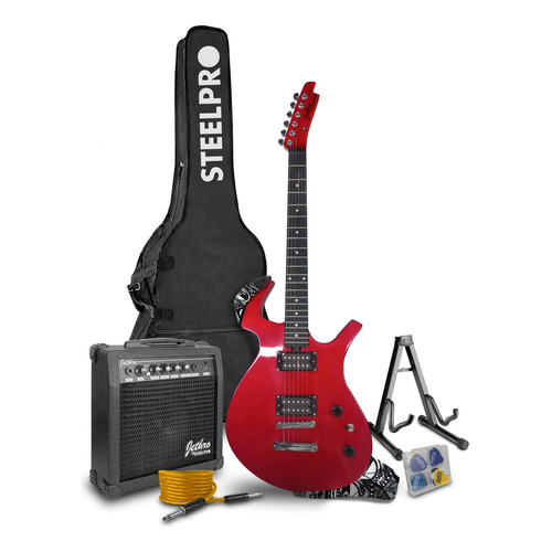 Paquete Guitarra Electrica Jethro Series By Steelpro 036 Color Rojo Material del diapasón ALAMO NEGRO Orientación de la mano Diestro