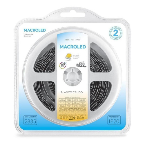 Tira LED Macroled C600-FW12 2835 blanca cálida 5m 12V IP20