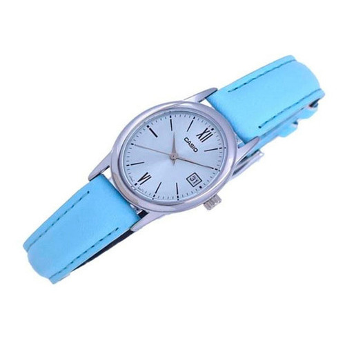 Reloj Pulsera Casio Con Malla De Cuero Celeste Dama Febo Color de la correa Azul Color del bisel Plateado Color del fondo Plateado