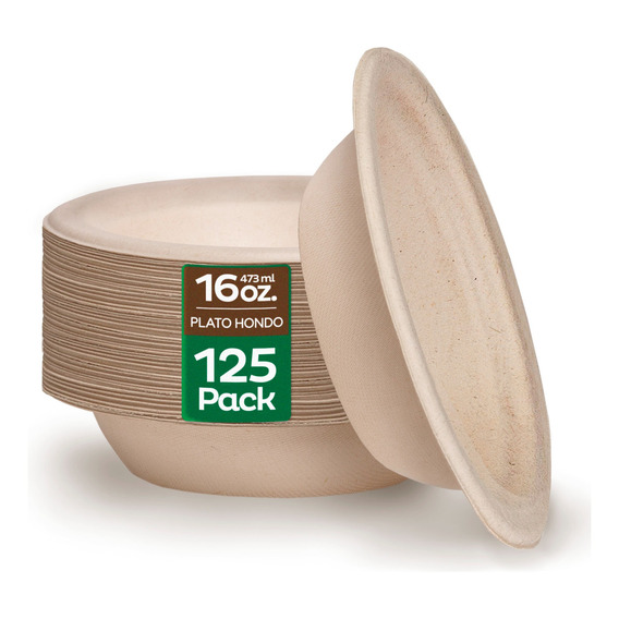 125 Platos Hondos Resistentes Desechables Biodegradable 16oz