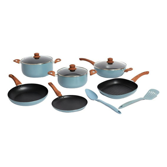 Set Batería Cocina 9 Piezas Antiadherente 2 Utensilios Carol Color Azulino