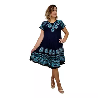 Vestido Trapézio Curto Manga Curta Batik E Bordado Plus Size