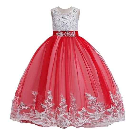 Vestido Largo Bordado Con Flores De Cola Plana Para Niñas