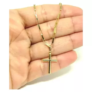 Cordão Corrente Elo Quadrado 70cm Pingente Crucifixo Ouro18k