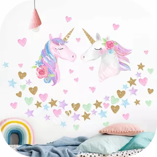 Vinilo Decorativo Pared Infantil 2 Unicornios Con Estrellas 