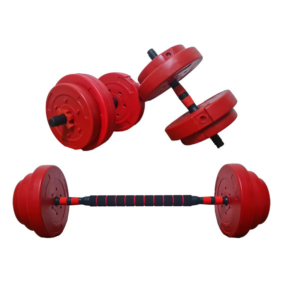 Kit Mancuernas Y Barra + 30 Kg Discos Pvc Con Tope A Rosca Color ROJO Conversor con 4 discos de 2.5 kg 4 de 5 kg