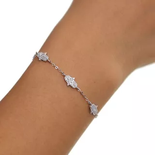 Hermosa Pulsera Mano Fátima Plata Fina 925 Y Zircones