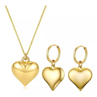 Set Collar + Aretes Corazón Golden Baño Oro Regalo 