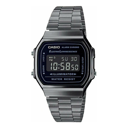 Reloj pulsera Casio Vintage A-168 de cuerpo color gris, digital, fondo negro, con correa de acero inoxidable color gris, dial gris, minutero/segundero gris, bisel color gris y hebilla de gancho