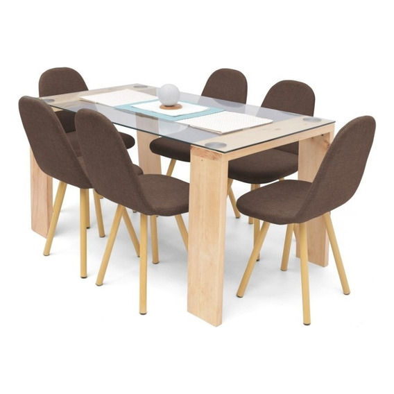 Set Comedor Milan Matiz 6 Puestos - Sillas Matiz Tela Color Chocolate Diseño De La Tela De Las Sillas Poliéster