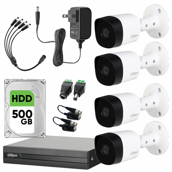 Dahua Kit De Video Vigilancia 4 Cámaras 2 Mp  Con Disco Duro 500 Gb + Transceptores Cámaras De Seguridad Con Detección De Movimiento Kit Cctv Alta Resolución