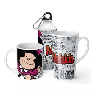 Set De Taza + Botella + Taza Conica Mafalda 2 De Regalo