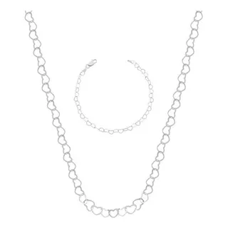 Conjunto Corrente E Pulseira De Elos De Coração Prata 925 Cor Prateado