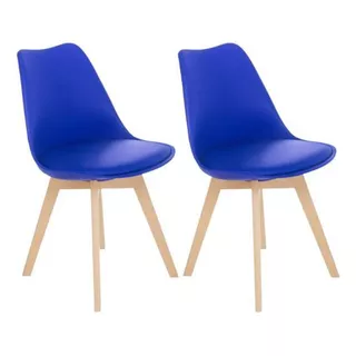 Kit 2 Cadeiras Estofada Leda Base Madeira Eames Cozinha Azul