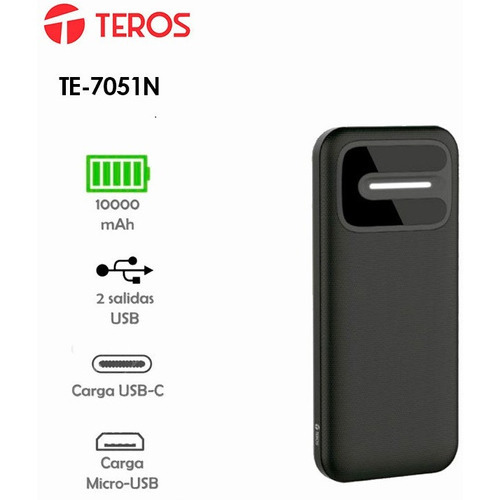 Batería Externa Recargable Teros 7051n Power Bank 10000 Mah Color Negro