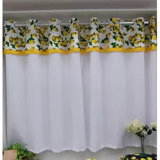 Cortina De Cozinha 3,00m X 1,20m Com Bandô Siciliano Branco Cor Amarelo