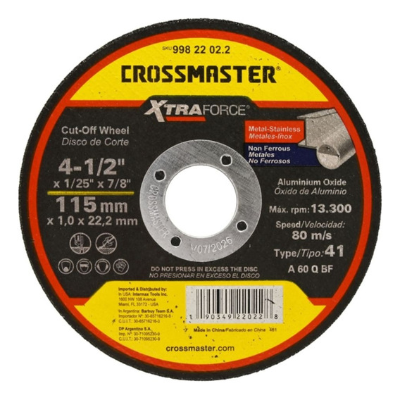 Disco De Corte Crossmaster 115 X 1.0 X 22.2 Mm X10 Unidades