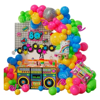 Kit Arco Globos Fiesta Disco 80 Retro Fucsia Amarillo Azul