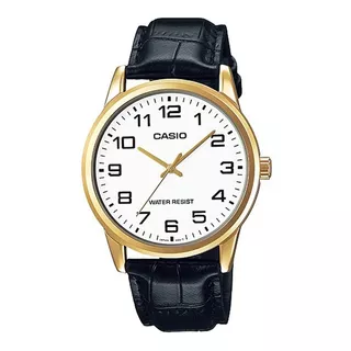 Reloj De Pulsera Casio Enticer Mtp-v001 De Cuerpo Color Dorado, Analógico, Para Hombre, Fondo Blanco, Con Correa De Cuero Color Negro, Agujas Color Dorado, Dial Negro, Minutero/segundero Negro, Bisel 