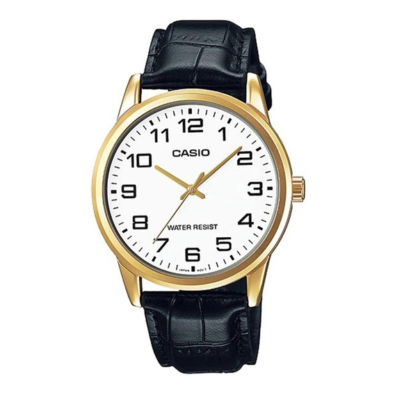 Reloj de pulsera Casio Enticer MTP-V001 de cuerpo color dorado, analógico, para hombre, fondo blanco, con correa de cuero color negro, agujas color dorado, dial negro, minutero/segundero negro, bisel 