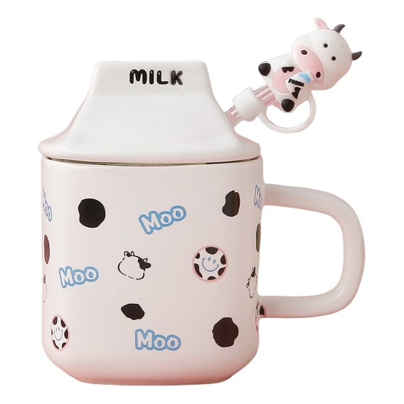 Taza Cerámica Milk Vaquita Con Popote Y Tapa