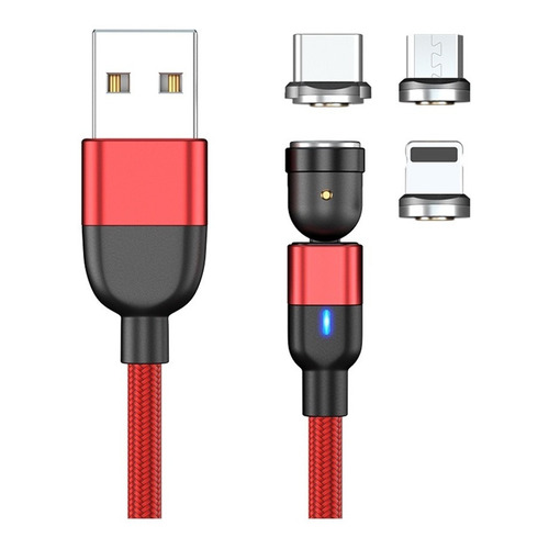 Cable Usb 3en1 Magnético Carga Rápida+ Datos+ Giratorio540° Color Rojo 2M