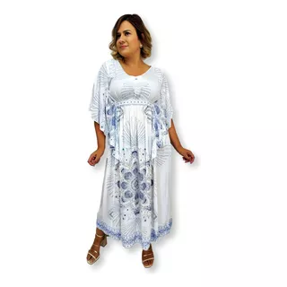 Vestido Longo Estilo Kaftan Com Manga Estampado Em Viscose