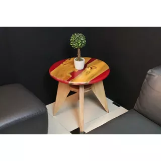 Mesa De Centro En Resina Epóxica Base Madera Flor Morado