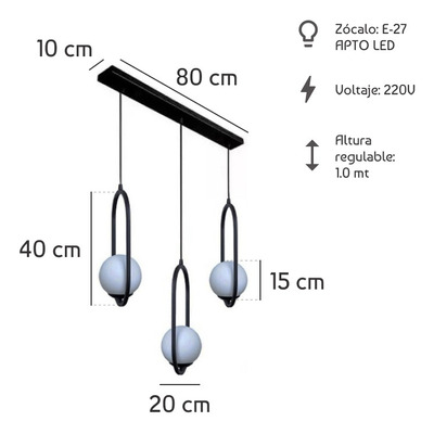 Colgante 3 Luces Marsella Oval Negro Globo Opal Apto E27 