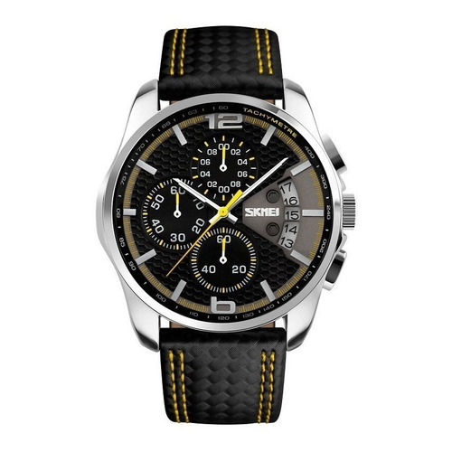 Reloj pulsera Skmei 9106 con correa de cuero color negro/amarillo - fondo negro