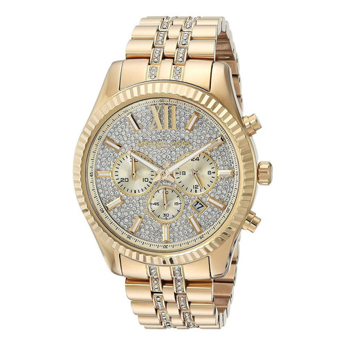 Reloj de pulsera Michael Kors Lexington MK8579 de cuerpo color oro, analógico, para hombre, fondo plateado, con correa de acero inoxidable color oro, agujas color oro y blanco, dial oro y blanco, sube