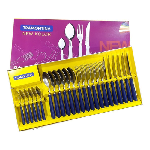 Set 24 Cubiertos Tramontina New Kolor Mango Plastico Azul