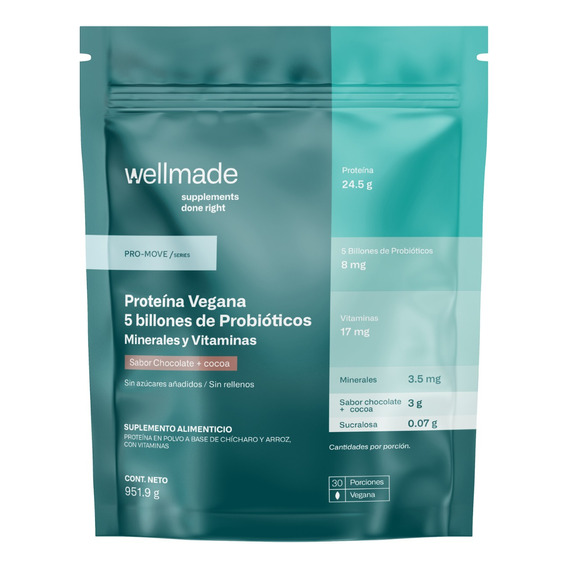 Suplemento Polvo Wellmade Proteina Vegana 951.9g Chocolate