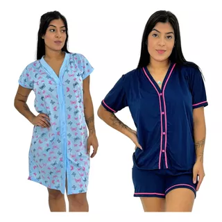 Kit Pijama & Camisola Feminina Botão Puerpério Pós Cirúrgica