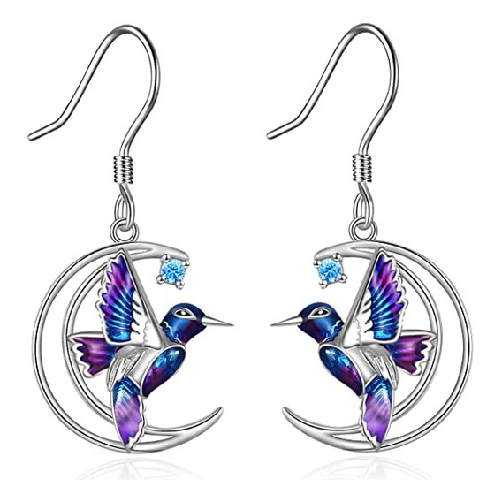 Aros Plata Fina 925 Colibri Luna Circon Regalo Mujer Joyas