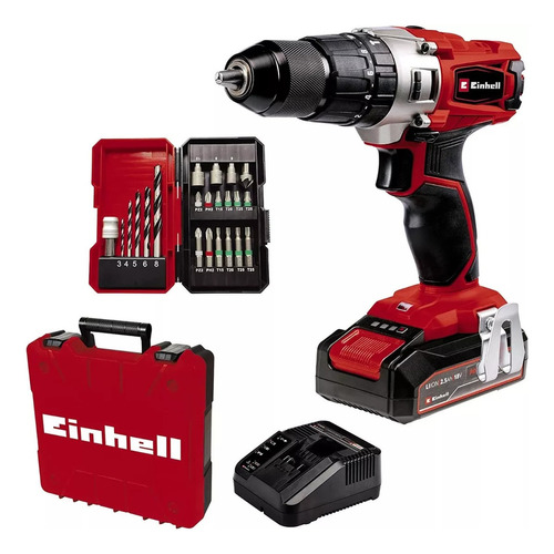 Kit Taladro Inalambrica Einhell + 22 Acc + Bateria 2,5 Amp Color Rojo