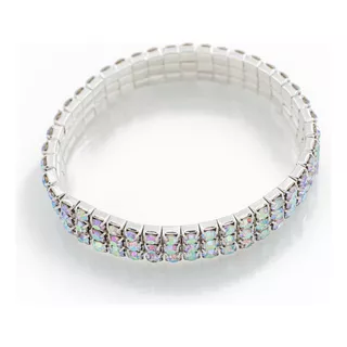 Pulsera Strass Elastizada Plateada Aurora Boreal 3 Hileras