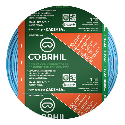 Cable Unipolar Normalizado Cobrhil 1 Mm 100 Mts Celeste