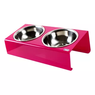 Comedouro Duplo Elevado Pequeno + Tigela Inox P/ Cão E Gato Cor Rosa